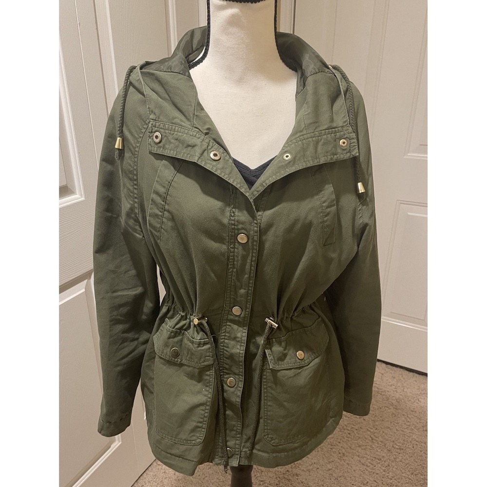 Beverly Hills Polo Club Women's L Green Army Jacket Coat Drawstring With Hood